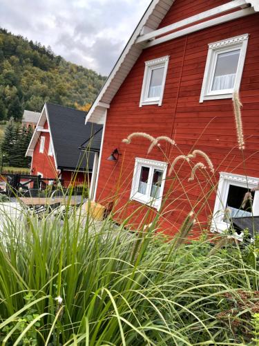 a red house with white windows and tall grass at Wioska w Sowich Sokolec in Sokolec