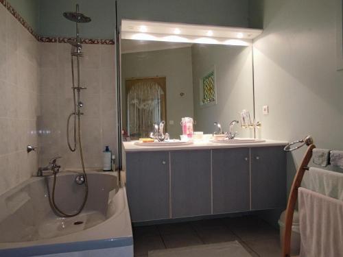 een badkamer met een bad, een wastafel en een spiegel bij Spacious holiday home with private pool in Cazouls-lès-Béziers