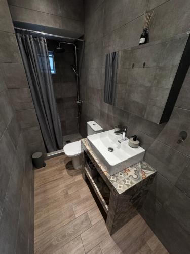 ein Badezimmer mit einem Waschbecken, einem WC und einem Spiegel in der Unterkunft Central Stylish Lux Apartments in Lamía