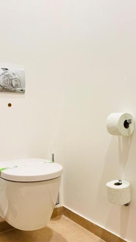 a white bathroom with a toilet and two rolls of toilet paper at Hotel Clipa in Drobeta-Turnu Severin