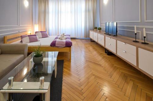 a living room with a bed and a television at Stodolní Apartment in Ostrava