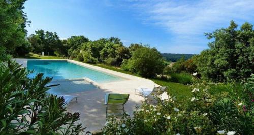 Appart Hôtel - Nature et Spa في Aurons: مسبح مع كراسي في حديقة