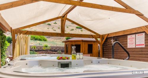 una gran bañera en un patio trasero con aophe en Avigail Guest House, en Yavneʼel