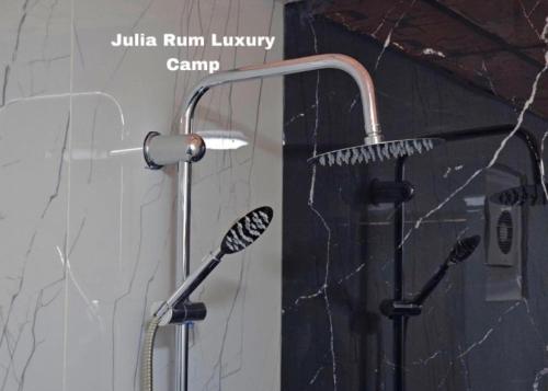 a shower with two brushes in a bathroom at Julia Rum Luxury Camp in Wadi Rum