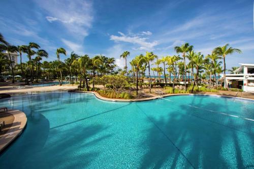 a large swimming pool with palm trees in the background at Hilton Aruba Caribbean Resort & Casino in Palm-Eagle Beach