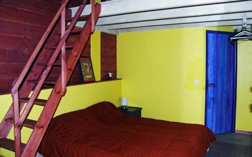 een slaapkamer met een stapelbed en een ladder bij Les Hébergements Nature et Bien-être in Soustons