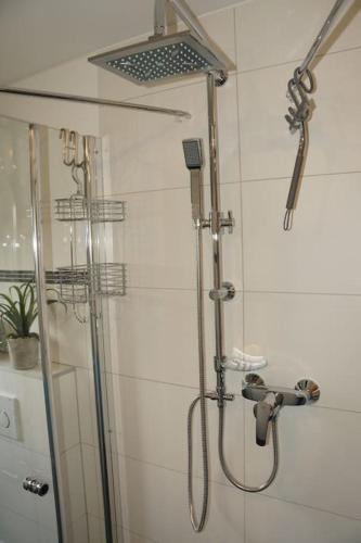 a shower in a bathroom with a glass door at Fewo "Elsa" Reichmannsdorf - Brötchenservice in Schlüsselfeld