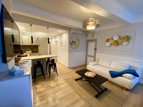 un salon avec un canapé et une cuisine dans l'établissement Appartement rénové Cannes Suquet, à Cannes