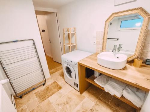a bathroom with a sink and a washing machine at Le val en chêne in Choisy-au-Bac