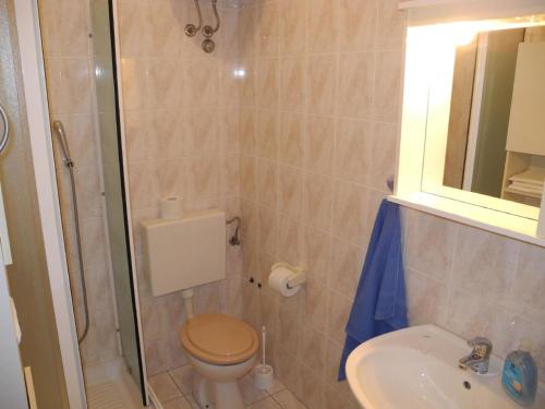 La salle de bains est pourvue d'une douche, de toilettes et d'un lavabo. dans l'établissement Ferienwohnung für 5 Personen in Dramalj, Kvarner Bucht, à Dramalj