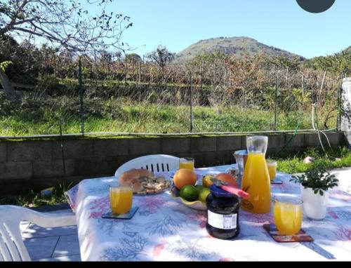 uma mesa com um prato de fruta e sumo de laranja em Etna Sicily vulcano house em Fleri