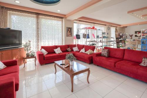 uma sala de estar com sofás vermelhos e uma televisão em Faliraki Dream Apartment 1 em Kallithea, Rhodes