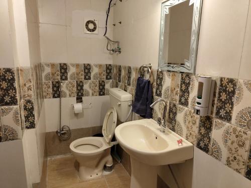 ウダイプールにあるLeisure Homestayのバスルーム(トイレ、洗面台、鏡付)