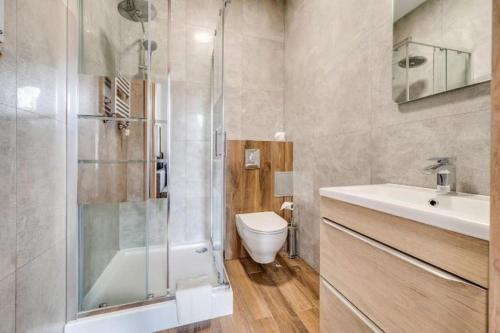 a bathroom with a shower and a toilet and a sink at Mickiewicza Superior Apartments in Katowice