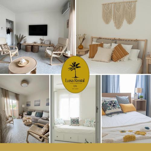 a collage of four pictures of a living room at LXR Waikiki Beach Front 3Hab. Tarifa in Tarifa