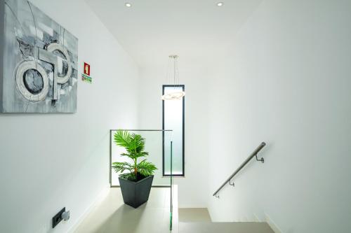 uma escada com um vaso de plantas num quarto branco em Vale do Lobo Modern Villa With Pool by Homing em Vale do Lobo