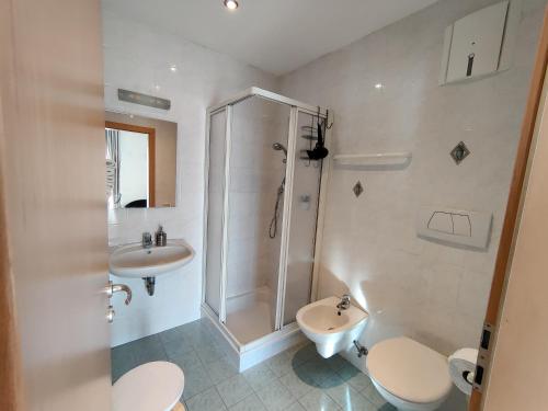 een badkamer met een douche, een toilet en een wastafel bij Room in Apartment - Residence Klementhof in Fiumes