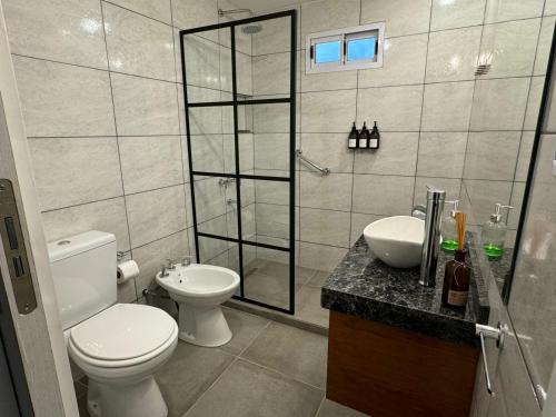 a bathroom with a toilet and a sink and a shower at Esquel Home in Esquel
