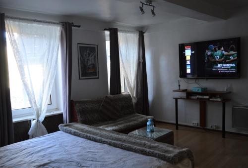 ein Schlafzimmer mit einem Bett, einem Sofa und einem TV in der Unterkunft Studio Mohange in Morhange