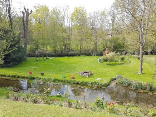 a garden with a pond in the middle of a yard at Charmante Maison au calme in Yerres