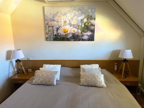 1 dormitorio con 1 cama con 2 almohadas y una pintura en Apartment Marjetica en Moravske-Toplice