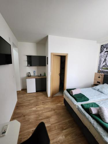 a small room with a bed and a kitchen at Magazaki Apartments Tešnjar in Valjevo