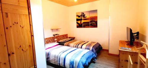 ein Schlafzimmer mit 2 Betten und einem TV in der Unterkunft Trilocale mansardato nel cuore della Val Di Fiemme in Ziano di Fiemme