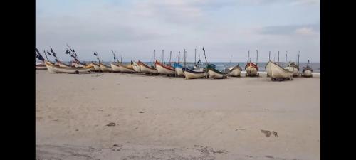 a row of boats are lined up on the beach at Hotel Pousada Girassol in Matinhos
