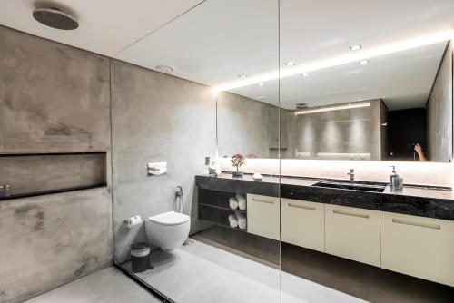 a bathroom with a toilet and a sink and a mirror at Unique Design Loft 860 sq ft with private garden and FREE AIRPORT COLLECTION for 5 night stays in Rio de Janeiro