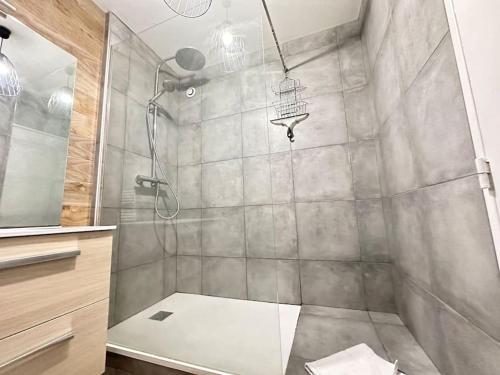 La salle de bains est pourvue d'une douche et d'une cage pour oiseaux. dans l'établissement Henri/ 3 chambres vue sur le canal et la basilique, à Reims