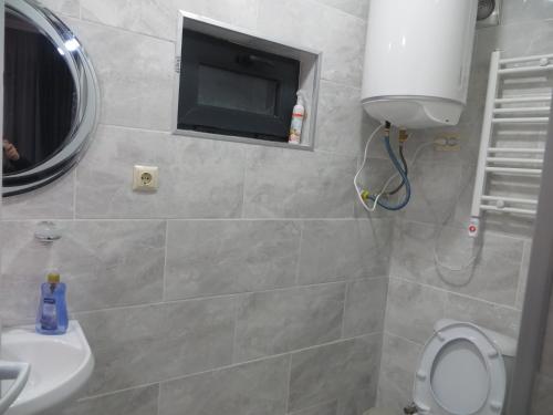 a bathroom with a toilet and a tv on the wall at Guesthouse Bacha & Lia in Mestia