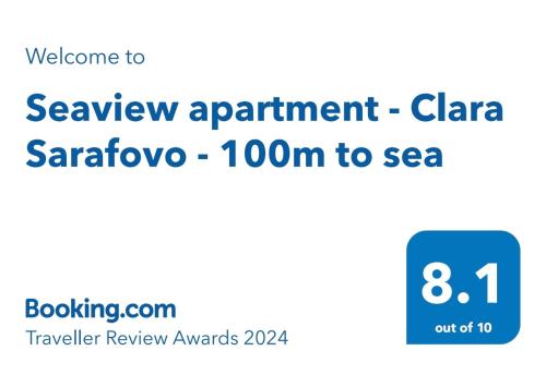 uma captura de ecrã de um telemóvel com o texto bem-vindo à nomeação para o mar clara em Seaview apartment - Clara Sarafovo - 100m to sea em Burgas