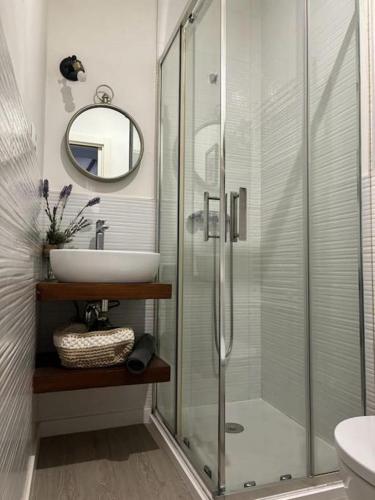 a bathroom with a glass shower and a sink at Estudio Herrero in Alcalá de Henares