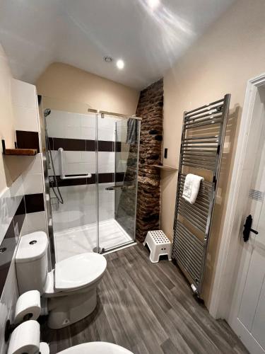 a bathroom with a toilet and a glass shower at Old Manor House in Axbridge