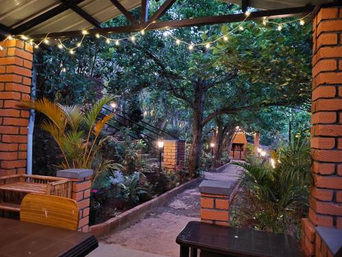 a patio with a garden with a string of lights at Pear Tree Entire 2BHK Villa Kotagiri in Kotagiri