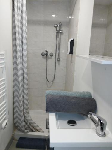 biała łazienka z prysznicem i umywalką w obiekcie Appartement 1, jardin, collation, 5 min de l'aéroport CDG w mieście Le Mesnil-Amelot