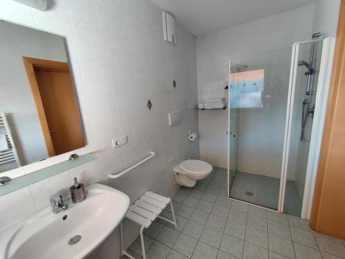 een badkamer met een wastafel, een toilet en een douche bij Residence Klementhof 1 in Fiumes