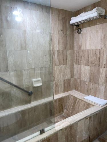 a shower with a glass door in a bathroom at Hotel Arroyo de la Plata in Zacatecas