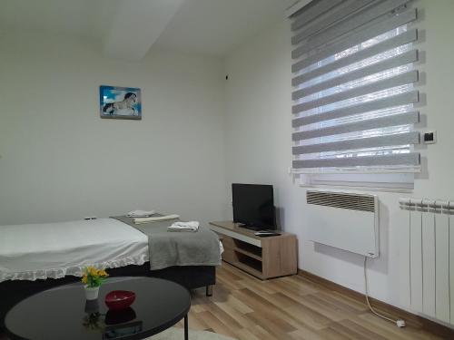 a bedroom with a bed and a television and a table at Sleep and drive No7 in Sarajevo