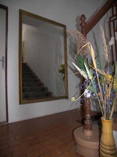 a hallway with a mirror and a staircase with flowers at Penzion U Antonickova Pramene in Mariánské Lázně
