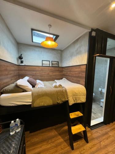 The Cabin - Close to the beach - Entire Place - Raised Bed في بورنموث: غرفة نوم بسرير كبير ونافذة