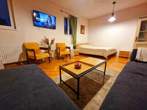 un soggiorno con divano e tavolino da caffè di Nomad Apartment Braşov a Braşov