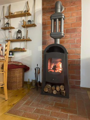 a fireplace in a room with a brick wall at Vila Kristina in Andrijevica