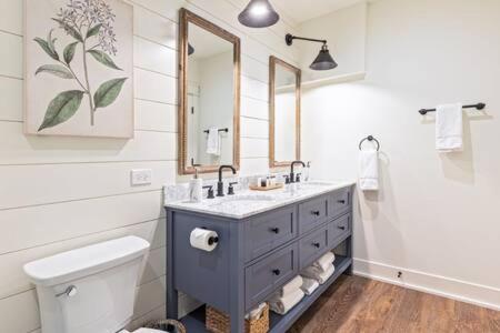 uma casa de banho com um lavatório e um WC em Downtown Luxury Farmhouse Apartment #4 em West Dundee