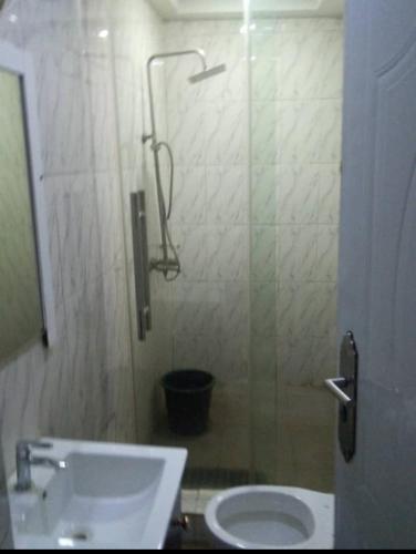a bathroom with a shower with a toilet and a sink at DND Apartments in Benin City