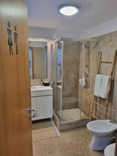 a bathroom with a shower and a toilet and a sink at Honey House in Matosinhos