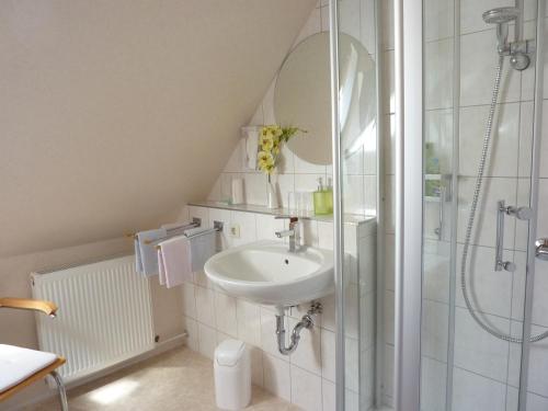 uma casa de banho com um lavatório e um chuveiro em Pension Rheingold Garni em Bad Grund