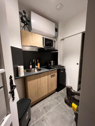 una pequeña cocina con fregadero y microondas en Immeuble de 4 appartements à thèmes, en Abbeville