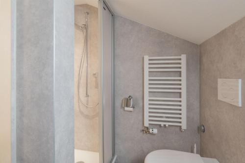 a bathroom with a shower and a toilet and a sink at Lehmann's Herberge Hostel in Grindelwald
