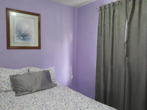 a bedroom with purple walls and a bed with a curtain at Hermosa y cómoda casita super cerca del Estadio El Kraken in Mazatlán